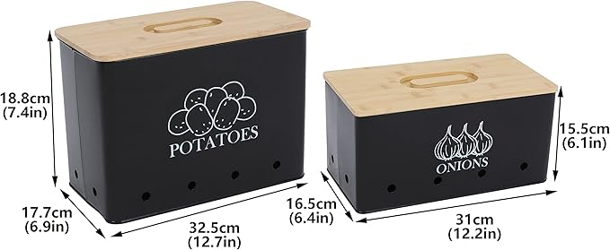 Potato Onion Kitchen Storage Canisters,Storage Bin For Kitchen 2 Pack Set,potatoe, Potato Storage Box，storage And Long Shelf Life With Aerating Tin Storage Holes-Black