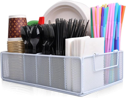 Paper Plate Organizer For Kitchen Countertop, Metal Silverware Caddy With 6 Compartments For Plate,Cup, Napkin,Paper Plate And Utensil Holder Caddy For Barbecue,Party,Camping,Picnic (WHITE)
