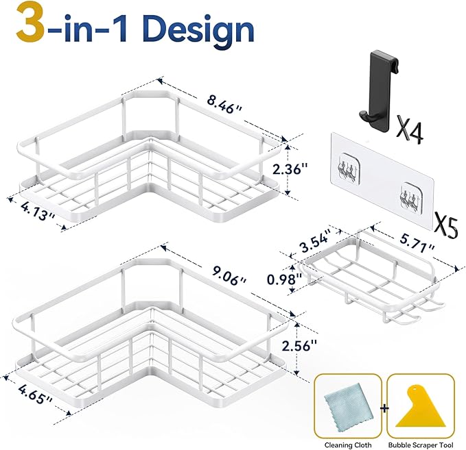 YASONIC Corner Shower Caddy Organizer, 3-Pack Adhesive Rustproof Stainless Steel Shower Shelves with Soap Holder, No Drilling Shower Storage Rack for Family Renters Bathroom, White