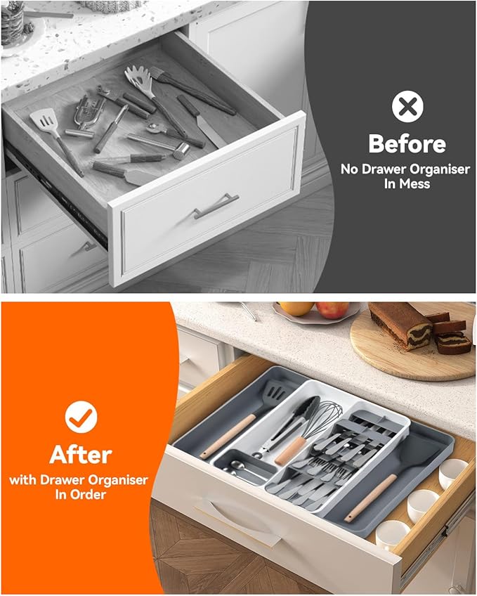 OTraki Silverware Drawer Organizer Expandable Utensil Drawer Organizer with Removable Cutlery Holder and Storage Tray Flatware Utensil Drawer Organiser Fork Knife Spoon Holder for Drawer Grey + White