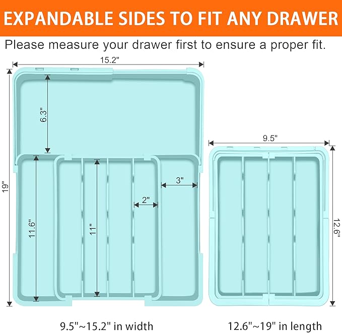 Silverware Organizer Expandable Silverware Drawer Organizer Adjustable Drawer Organizer, Flatware Cutlery Tray for Spoons Forks Knives Kitchen Organizers Storage,Turquoise