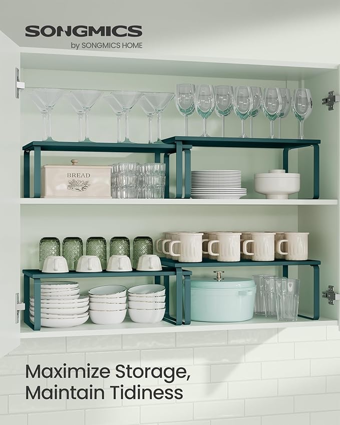 SONGMICS Cabinet Organizer Shelf, Set of 2 Kitchen Counter Shelves, Kitchen Storage, Spice Rack, Stackable, Expandable, Metal and Engineered Wood, Ivy Green UKCS200C02