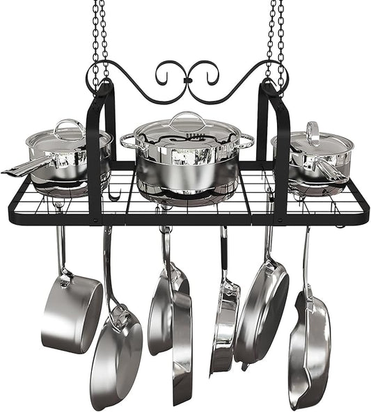 33” Black Pot Rack Hanging, Heavy Duty Metal Ceiling Pot Rack with 15 Hooks, Pot and Pan Hanging Rack Organizer for Kitchen Cookware Utensils