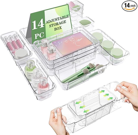 14 Pcs Clear Drawer Organizer, Adjustable Storage Bins (3 Sizes), Desk and Dresser Organizers for Makeup, Cosmetics, Kitchen Utensils, Bedroom, and Gadgets