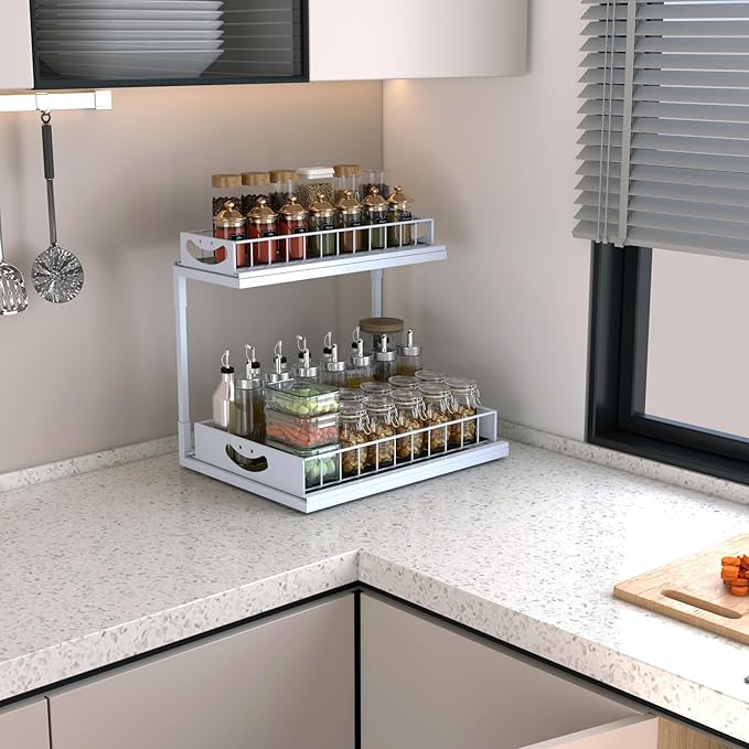 Under Kitchen Sink Organizers and Storage,2 Tier Sliding Cabinet Basket Organizer Drawer,Storage Shelves,Multi-Purpose Cabinet Organizers for Kitchen Bathroom.14.17X10.66 X 15.27In(White,1Pack)