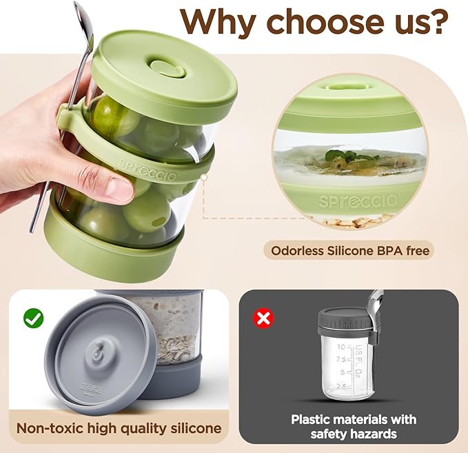 Glass Overnight Oats Containers with Lids of Silicone and Spoon 16 oz [2 Pack], Airtight Overnight Oats Jars with Silicone Lid, For Yogurt Containers Chia Pudding Jars Snack Spice (Green)