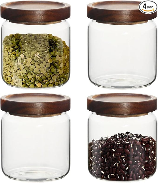 16oz Glass Airtight Food Storage Jars with Acacia Wood Lid - Kitchen Canisters for Coffee,Tea,Sugar,Spices,Herbs,and Candy - Airtight,Eco-Friendly, and Stylish for Pantry or Countertop (4PCS)
