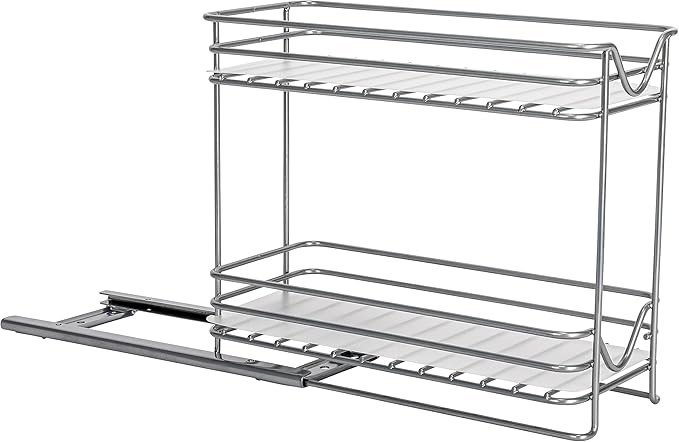 Household Essentials Glidez Powder-Coated Steel Pull-Out/Slide-Out Storage Organizer with Plastic Liners for Spice Rack Use - 2 -Tier Design - Fits Standard Size Cabinet or Shelf, Brushed Silver