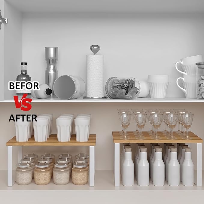 SUYU Set of 4 Kitchen Cabinet Organizer Shelf,Bamboo Spice Rack,Space-Saving Countertop Organizer for Kitchen, Office, or Closet, Stackable and Nesting Shelves,White and Natural SCW202B