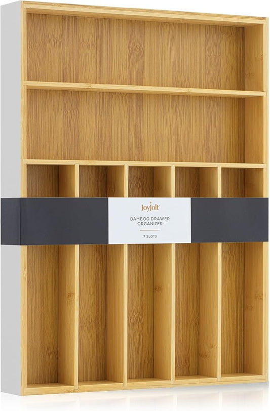 JoyJolt Bamboo Drawer Organizer, 7-Compartment Silverware Organizer, Cutlery and Utensil Organizer, Drawer Organizers for Garage, Kitchen, and Bathroom, Organizer Drawers for Kitchen Utensils