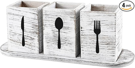 Kathfly 4 Pcs Silverware Caddy Utensil Holder for Countertop Silverware Organizer with Wood Tray Spoon Fork Holder 3. 15 x 3. 15 x 4. 53 Inches of Each Organizer for Kitchen Parties(Retro White)