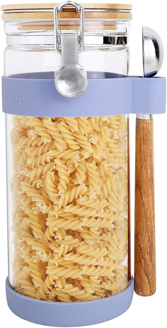 KKC HOME ACCENTS Air Tight Glass Food Storage Canstier with Scoop,Airtight Sealed Glass Jar Canister with Clamp Lid for Cereal,Pasta,Coffee Bean,Matcha,Loose Leaf Tea,Flour,Brown,50 Fluid Ounce