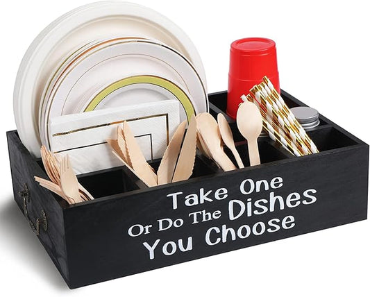 Large Paper Plate Holder Utensil Caddy Organizer for Countertop, Kitchen Silverware Caddy Holder for Cups, Forks, Spoons, Plates, Napkins, Wood Utensil Holder Paper Plate Dispenser for Party Picnic