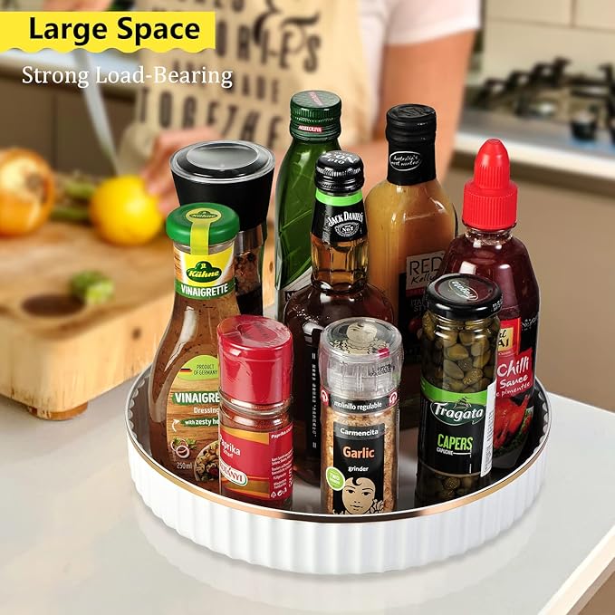 2 Pack 10" Fluted Lazy Susan Organizer, Turntable Spice Rack for Cabinet, Kitchen, Pantry Organizer and Storage, Fridge, Bathroom Vanity Countertop, Under Sink Organizing, Expandable Lazy Susan-White