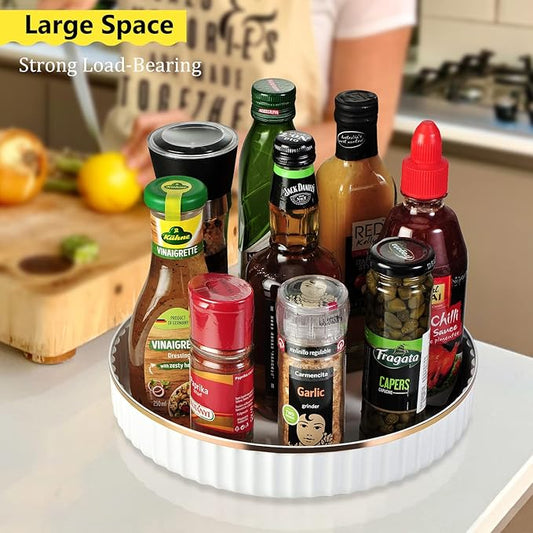 2 Pack 10" Fluted Lazy Susan Organizer, Turntable Spice Rack for Cabinet, Kitchen, Pantry Organizer and Storage, Fridge, Bathroom Vanity Countertop, Under Sink Organizing, Expandable Lazy Susan-White