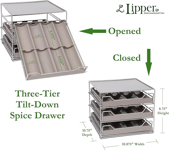 Lipper International 8724 Three-Tier Tilt-Down Kitchen and Cooking Spice Drawer Rack with 96 Labels, Silver, 24 Bottle Capacity