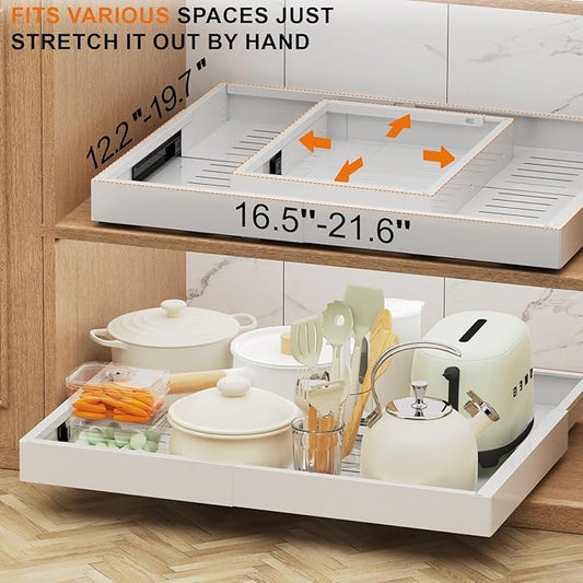 Expandable Pull Out Cabinet Organizer with Depth(16"-22") and Width(12 "-20"), Adhesive Slide out Drawers for Pots, Spice, Pantry Storage, Adjustable Roll out Shelves for Kitchen, White