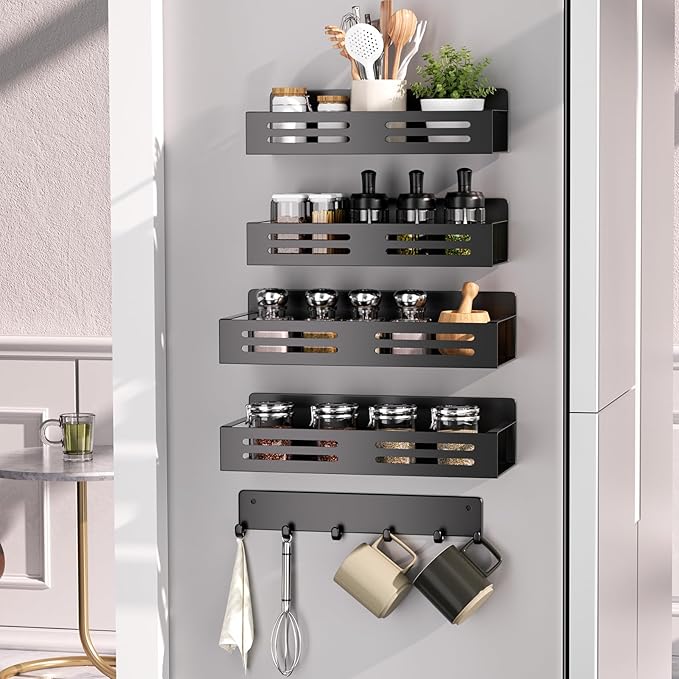 Fridge Side Organizers Magnetic Spice Racks for Refrigerator with 6-Hooks Spice shelves with Magnets for Refrigerator Side Fridge Side shelf Metal