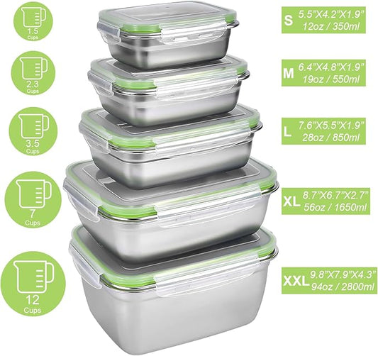 UPTRUST Stainless Stainless Steel Food Storage Containers | Leak Proof & Airtight Lids | Set of 5 Containers BPA Free that are Dishwasher & Freezer Safe, Green