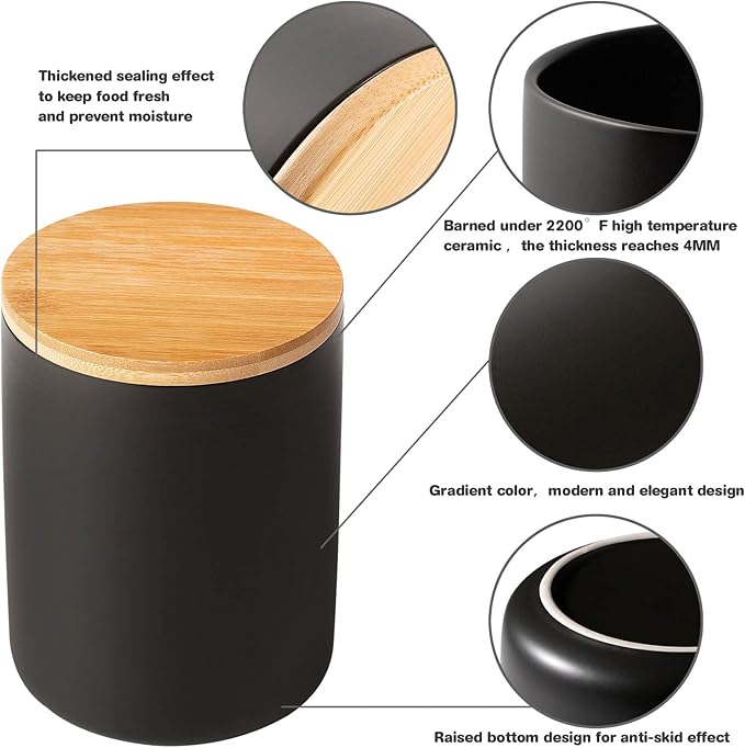 Yangbaga Black Canisters Sets for Kitchen-Set of 3 Kitchen Canisters for Countertop with Airtight Wood Lids,Ceramic Kitchen Storage Containers for Large Flour,Suger,Coffee