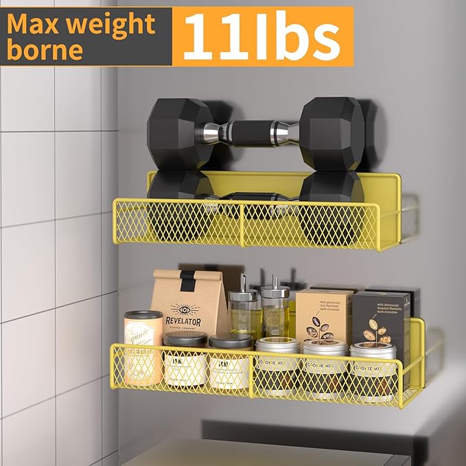 Magnetic Spice Rack for Refrigerator, 4 Pack Metal Magnetic Shelf Yellow, Moveable Spice Organizer, Super Magnetic Fridge Shelf for Kitchen Organization and Storage