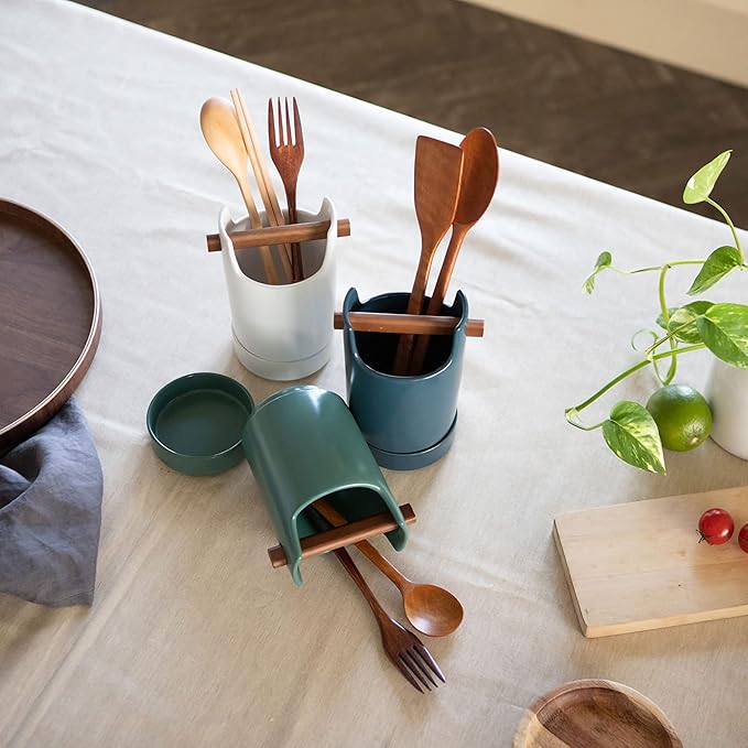 Kitchen Utensil Holder for Flatware, Silverware, Cutlery and Cooking Accessories, Wood and Ceramic, Countertop and Table Caddy (Blue)