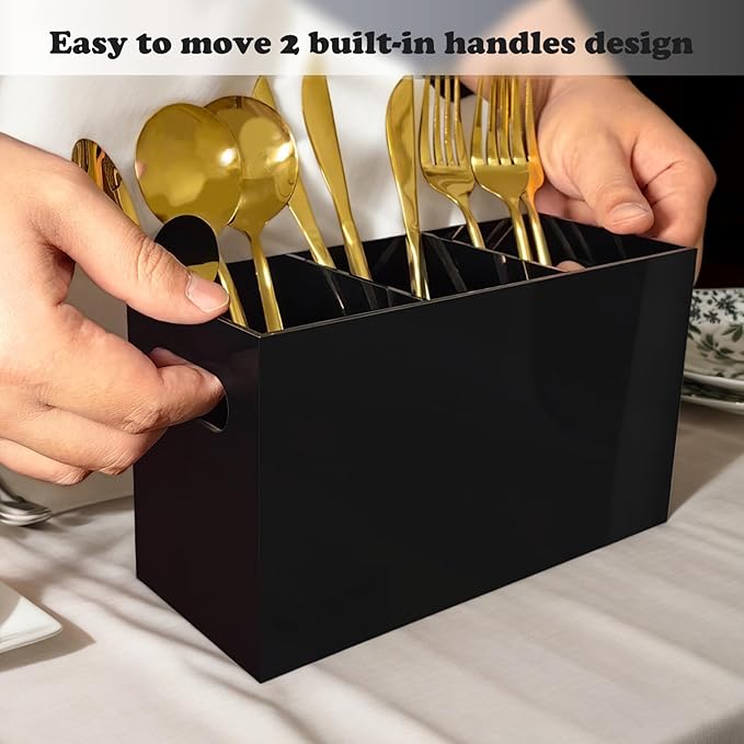 Acrylic Silverware Caddy Countertop, 3-Compartment Flatware Holder, Plasticware Fork Spoon Knife Organizer, Cutlery Caddy with Handles, Utensil Holder for Party Buffet Dining Room