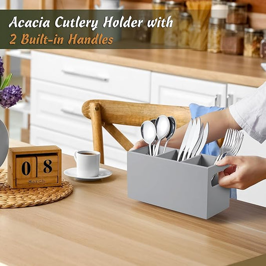 DRASTAR Wooden Silverware Caddy, Flatware Cutlery Holder, Kitchen Utensil Holder for Countertop, Silverware Organizer Containers for Party, Gray