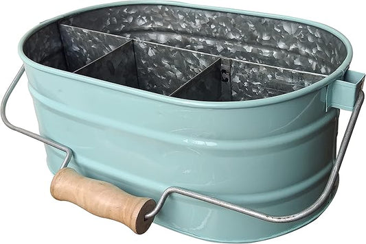 Galvanized Metal Caddy with 4 Compartments, Rustic Farmhouse Kitchen Indoor Outdoor Picnic Utensil Holder, Multipurpose Storage Bin, Metal Garden Planters - 12 Inch - Aqua
