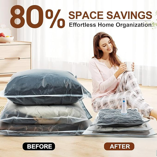 12 Pack Vacuum Storage Bags,Space Saver Bags for Clothing,Comforters,and Bedding,Includes 2 Jumbo, 2 Large, 2 Medium, 2 Small/4 Roll Bags,Compression for Closet & Travel, With Electric Pump