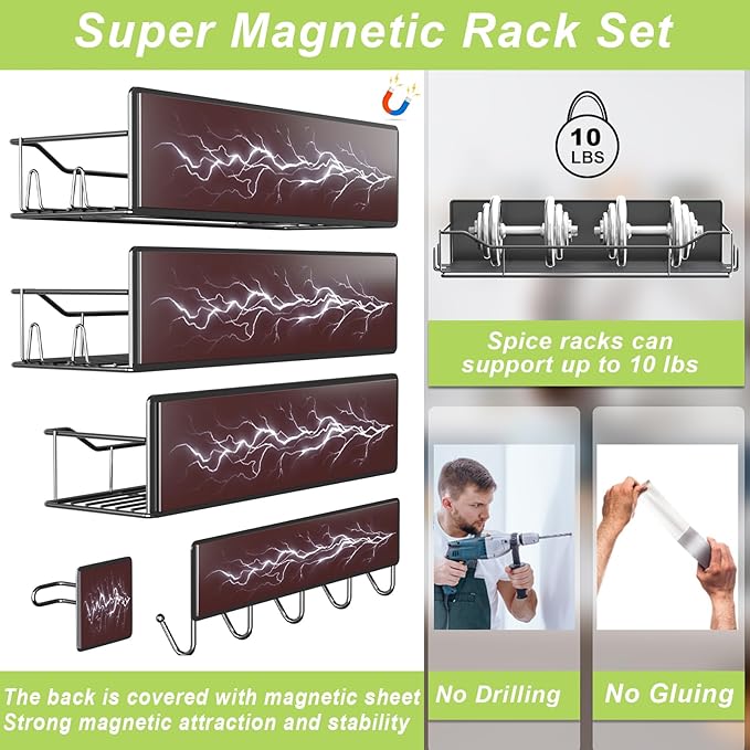Magnetic Spice Rack for Refrigerator, 9 Pack Magnetic Fridge Shelves W/Adjustable Paper Towel Holder, Hook Rack, Moveable Spice Organizer Shelf for Kitchen Organization and Storage (Black)