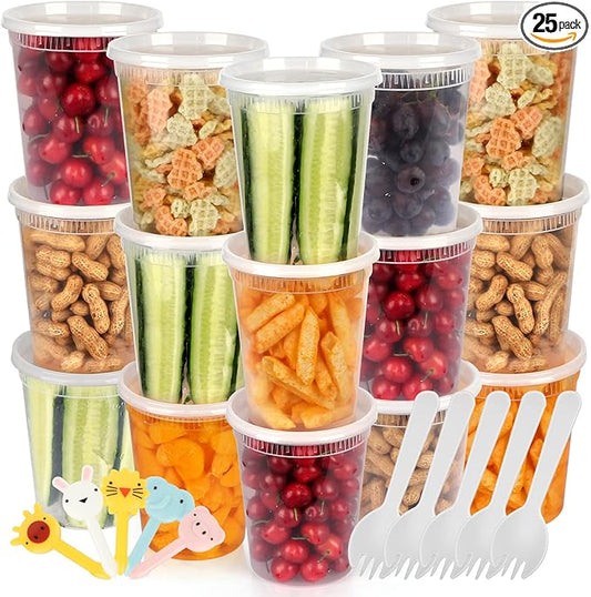 [25 Pack, 32oz] Food Storage Containers with Lids - BPA-Free | Airtight | Stackable Plastic Deli Containers (Includes 10 Spoons & 10 Forks), Dishwasher, Microwave & Freezer Safe