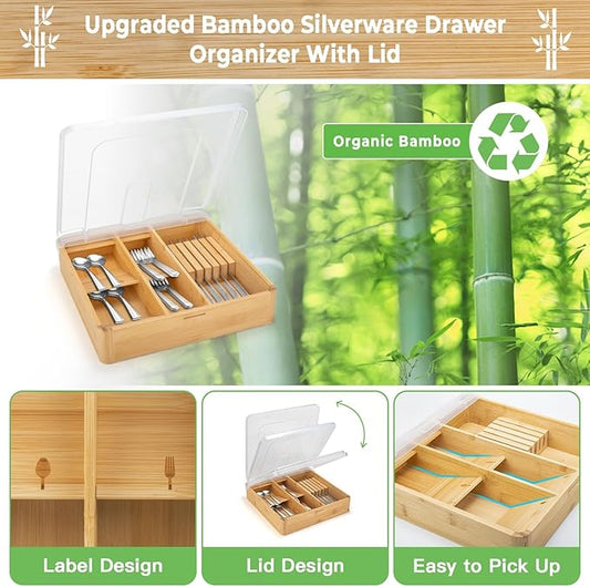 Bamboo Silverware Organizer,Wooden Silverware Tray for Drawer, Utensil Drawer Organizer in Kitchen for Spoons Forks Knives, Multipurpose Use, Eco-Friendly, Large