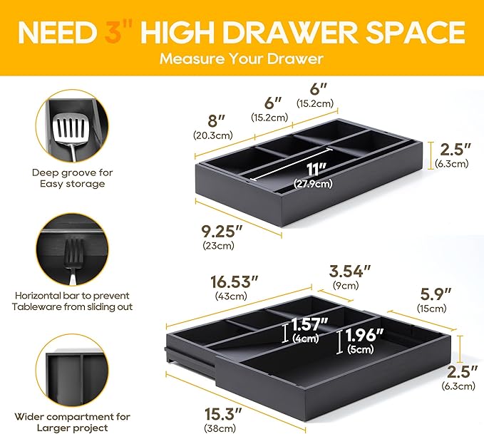 Bamboo Expandable Silverware Drawer Organizer Tray, Removable Dividers Kitchen Utensil Tray for Different Dimension Flatware, Spoons, Forks, Knives (Black,7 Slots)