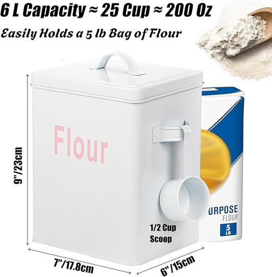Youeon 200 Oz/25 Cup Metal Flour Storage Container with Airtight Lid and Measuring Scoop, Square Flour Canister with Handle, White Storage Canister for Kitchen Counter, Farmhouse Decor