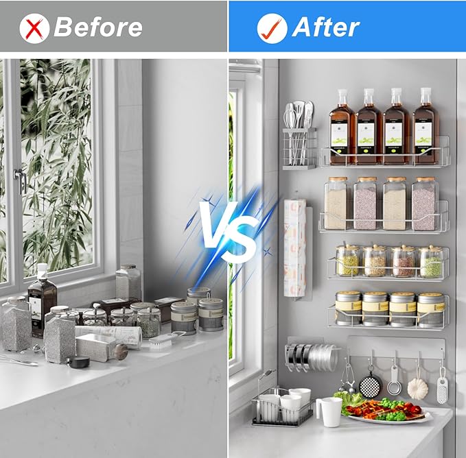 Magnetic Spice Rack for Refrigerator,8 Pack Magnetic Fridge Shelf, Moveable Spice Organizer with Hook Rack, Paper Towel Holder, Utensil Holder,cup lid holder, Super Magnetic Rack Set (Grey)