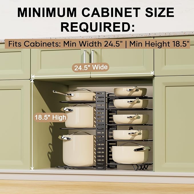 Pot Rack Organizer for Cabinet - Adjustable Pot Lid Holder & Pan Organizer Rack, Heavy-Duty Steel Cookware Storage for Kitchen Cabinet & Drawer Organization, Fits Pots, Pans, Lids