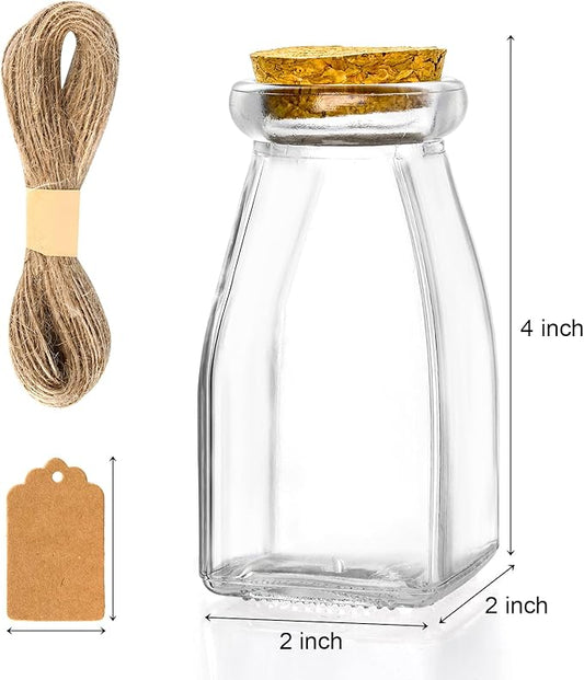 yarlung 30 Pack Glass Favor Jars with Cork Lids for Mother's Day Gift, 4 OZ Clear Small Candy Jars Set Square Decorative Bottles for Wedding, Baby Shower, Party Favor, Brown Labels and Strings