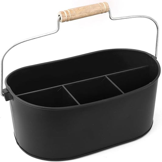 Alpha Living Home - Wooden Utensil Holder for Kitchen, Rustic Silverware Caddy with Handle – Galvanized Flatware Organizer for Forks, Spoons, Knives, Picnic, Countertop & Dining Table – Jet Black
