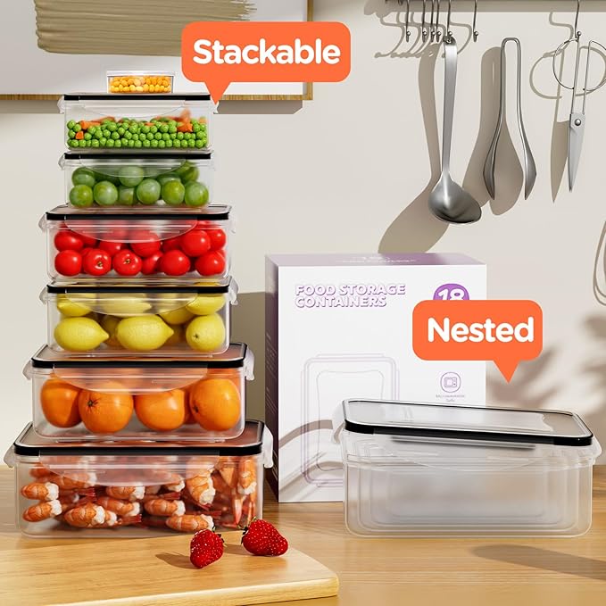 36 PCS Food Storage Containers with Lids Airtight (18 Freezer Containers with 18 Lids) - Leakproof Plastic Meal Prep Containers for Pantry, Kitchen Storage and Organization with Labels & Pen