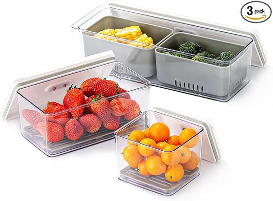 Lille Home The Stackable Produce Saver Set keeps fruits and vegetables fresh longer. With removable drain trays, these BPA-free bins are ideal for refrigerators, cabinets, and pantries