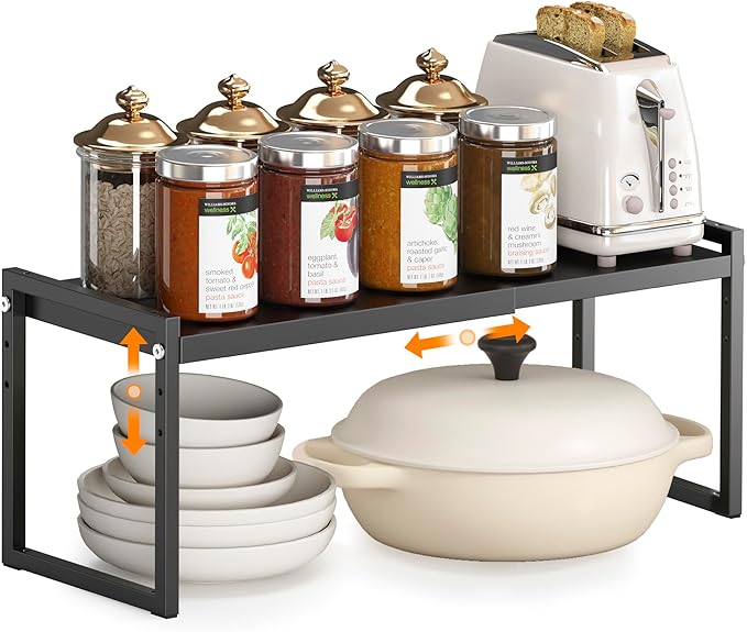 DOLALIKE Expandable kitchen Countertop Organizer, Stackable Cabinet Shelf Organizers, Space Saving Spice Rack Pantry Storage for Bathroom Office (Black, 1 Pack)