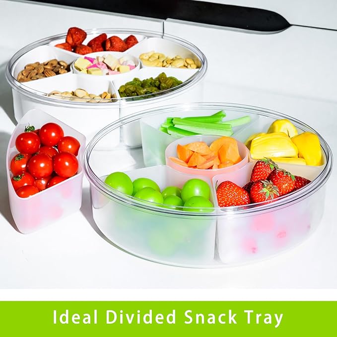 2 Pack Veggie Tray with Lid for Fridge, Clear Divided Serving Tray with Dip Snackle Box Container 6-Compartment Snack Storage for Party, Reusable Dinner Fruit Platter for Refrigerator Organizer Bins