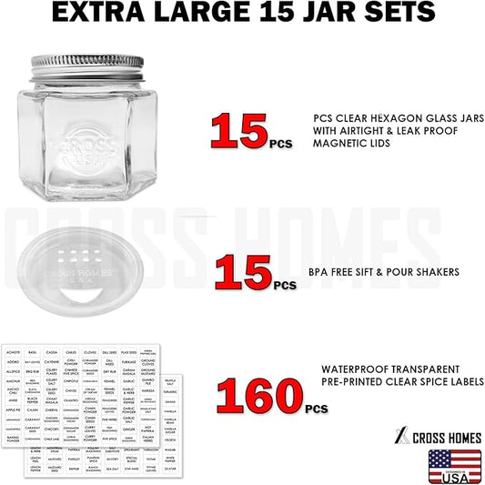 15 Set Magnetic Spice Jars - Large 4 oz Refrigerator Hexagon Glass Spice Containers with Magnetic Lids and Shaker Spice Labels for RV Travel Trailer Kitchen Fridge Cabinet Wall Mount