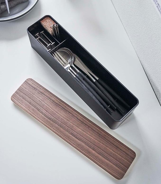Yamazaki Home Rin Utensil Case Knife Fork Spoon Silverware Cutlery Holder With Divider, Portable For Kitchen Counter Or Table - Plastic + Wood