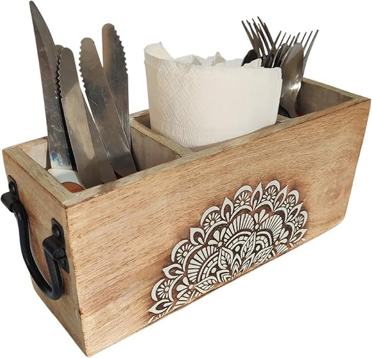 VANIYA CRAFTSR® Handmade Wooden Carved Design Compartments Cutlery Utensil Holder For Napkins, Spoons, Forks, Tissues, Knife (Natural White Finish)