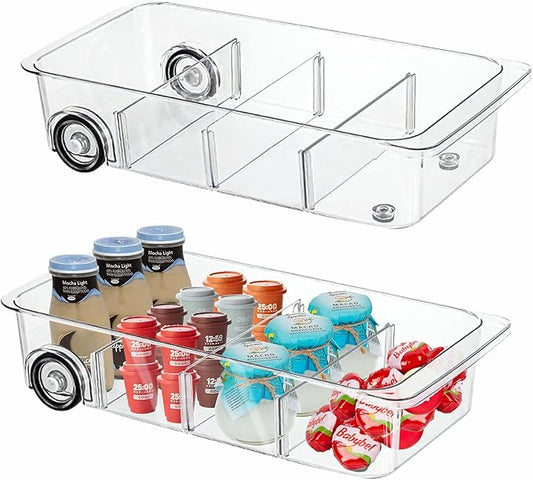 MineSign 2Pack Roll Out Fridge Caddy Bins Pull Out Drawer with Wheels Refrigerator Organizer Bins with Handles Divided Fruit Caddy for Fridge Pantry Cabinet Storage Cans Drinks