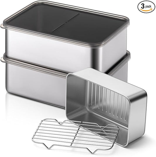 Hushee 3 Set 304 Stainless Steel Containers for Fridge, with Removable Drain Tray, Fruit Bacon Storage Airtight Deli Meat Container with Lids for Fresh Dry Food Storage(7.68 x 5.12 x 2.76 Inch)