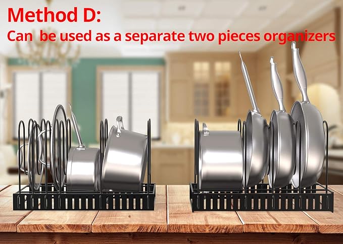 Expandable Rack for Cabinets - Vdomus Adjustable Black Pot Rack with 4 DIY Storage Positions - Holds up to 14 Pans, Pots, or Lids - Durable Iron Pot Stacker for Kitchen Organization - 8.5"x 31"x11.5"