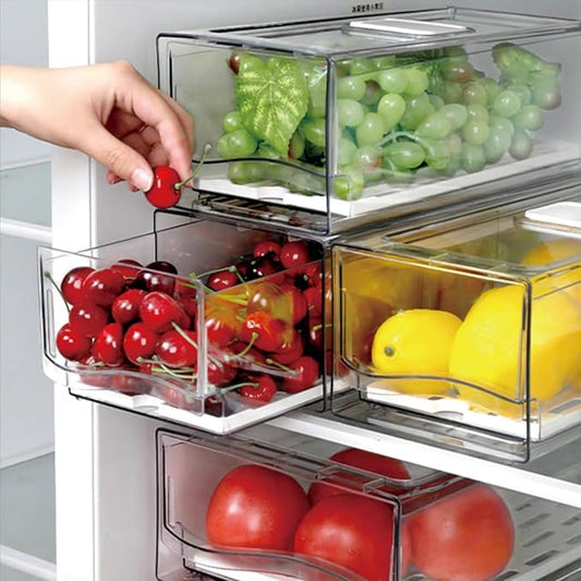 2 Pack Fruit Storage Containers for Fridge with Drain Board, Stackable,Refrigerator Organizers and Storage,Reusable Food Storage Containers,Fridge Drawer for Produce,Fruit,Vegetable,BPA-Free